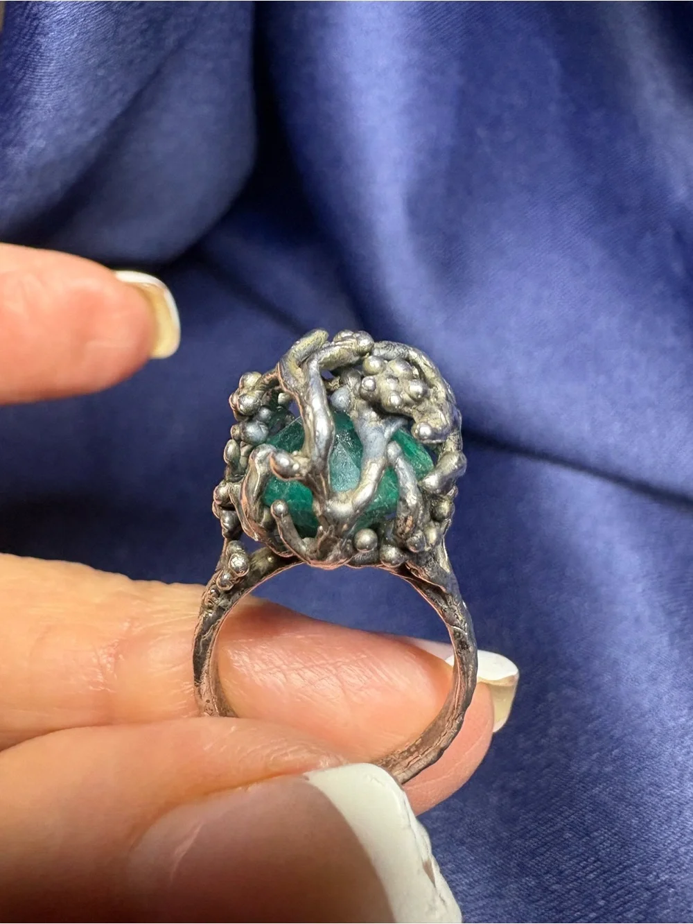 Ring Artisan Sterling Silver Cage Gorgeous Kashmir Emerald Gemstone